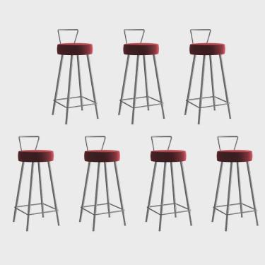 Imagem de Kit 07 Banqueta Alta Com Encosto Tais Eiffel Cozinha Bar Bistrô Ferro Prata Sintético Vermelho - Ahz Móveis