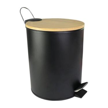 Imagem de Cesto Lixo Aço Inox Tampa Bambu Cesto Interno Removível Plástico Com Alça Capacidade 5 Litros Durável