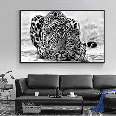 Imagem de Impressão de arte em tela de animais. Leopardo com olhos azuis da vida selvagem africana. Pôster e impressão artística. Decoração de parede de escritório - 60 x 90 cm sem moldura