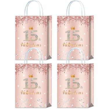 Imagem de 16 peças de ouro rosa 15 e fabulosas sacolas de lembrancinhas de festa de aniversário de 15 anos, presente de feliz aniversário de 15 anos, lanches e lembrancinhas com alças para meninas, decorações