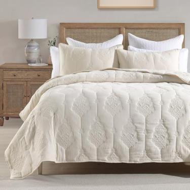 Imagem de HORIMOTE HOME Conjunto de colcha Queen Size marfim, colcha de microfibra leve e macia pré-lavada com padrão floral geométrico europeu, conjunto de cama com edredom fino para todas as estações
