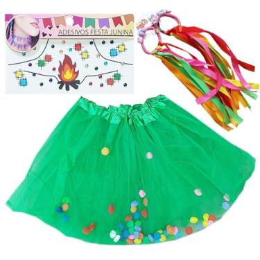 Imagem de Kit Fantasia Festa Junina Juvenil Adulto 35/40: Saia Tutu Pompom + Elástico Fita Cabelos + Adesivo Temático Rosto (Verde)
