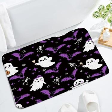 Imagem de Tapete de banho assustador roxo preto desenho animado fofo fantasmas engraçados caveira morcego terror terror assustador feliz feriado doces ou travessuras decoração de banheiro tapete de cozinha