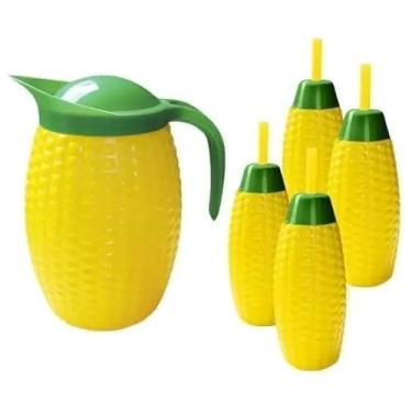 Imagem de Kit Completo Jarra e Copos de Milho 5 Peças Amarelo e Verde Ideal para Festas Juninas e Arraiais Injetemp
