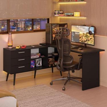 Imagem de Escrivaninha Em L Mesa Para Computador Gamer 3 Gavetas Preto Lisboa Madesa