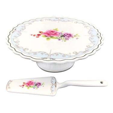 Imagem de Prato para bolo Mon Cheri em new bone china com pé e espatula D26xA10,5cm branco