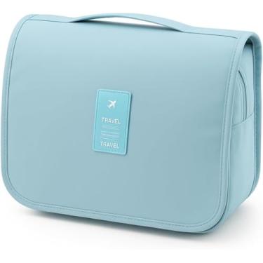 Imagem de Nécessaire Organizadora de Viagem com Gancho – Bolsa Dobrável Impermeável com Divisórias para Higiene Pessoal, Maquiagem, Cosméticos – Unissex Compacta (AZUL CLARO)