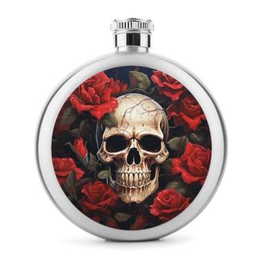 Imagem de Cantil de aço inoxidável, caveira rosa - vermelho impresso cantil de metal clássico cantil garrafa de viagem garrafa portátil licor cantil