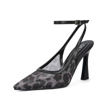 Imagem de QIY Salto fechado para mulheres, bico fino, com tiras, salto alto, sapatos de casamento, Malha de leopardo, 39