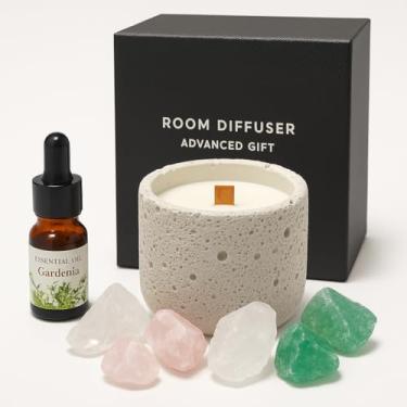 Imagem de Conjunto de vela perfumada Gardenia para presente com frasco de cimento, pavio de madeira, óleo essencial e pedras aromáticas – Castiçal reutilizável, cera de soja, pote de concreto artístico, caixa