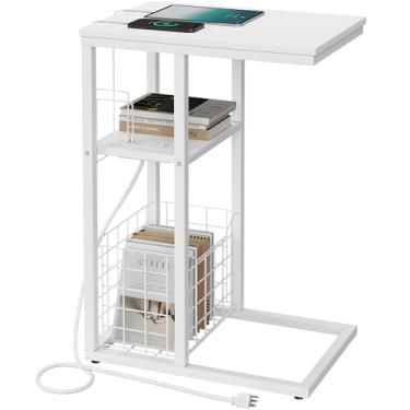 Imagem de Vagusicc Mesa de canto em forma de C com estação de carregamento, mesa lateral para sofá, mesa lateral pequena para espaços pequenos, mesa de sofá de 71 cm de altura para café, bandeja de TV para sala