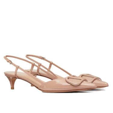 Imagem de CHEFDEER Salto gatinho Slingback feminino de couro envernizado, bico fino, salto baixo, sandálias de salto baixo para formatura, casamento, festa, Nude., 40