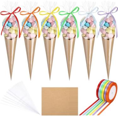 Imagem de Tatuo Sacos de celofane de cone transparente de 100 unidades, sacos de doces em forma de cone de doces, sacos de presente de plástico de pipoca triangular, para biscoitos, lanches artesanais