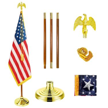 Imagem de Mastro de bandeira interno presidencial - Mastro de bandeira de madeira de 2,5 m com base, bandeira dos EUA de 8 x 5 - estrelas bordadas de lona de poliéster resistente à água, topo de águia, pingente