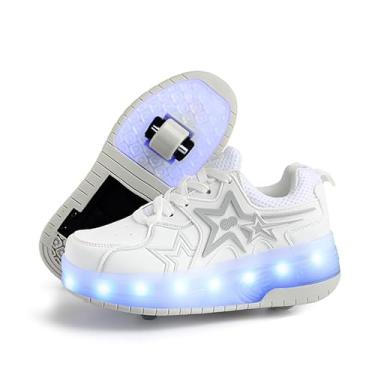 Imagem de TAILORIA Tênis de patins para crianças, meninas, meninos, com rodas recarregáveis, tênis infantis, moderno, colorido, brilhante e aniversário para meninos e meninas, Branco, 14