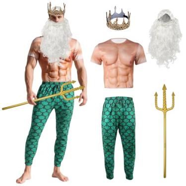 Imagem de SERTAS Conjunto de fantasia de Halloween, kit de 5 peças de Deus do Mar com calça de sereia, camisa muscular, tridente, coroa de rei e barba branca, Azul marinho, GG