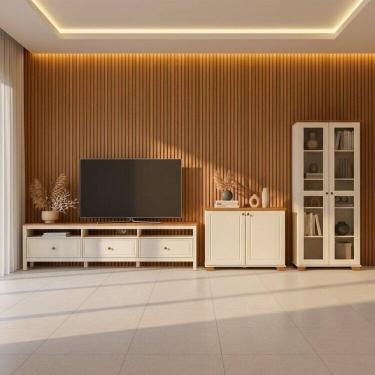 Imagem de Conjunto de Sala 3 Peças Rack, Cristaleira e Armário Madeira Maciça Ananda Cabecasa Madeiramadeira Off White/Mel