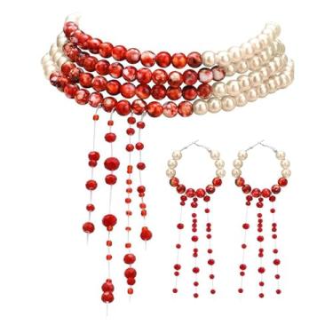 Imagem de Conjunto de colar e brincos de fantasia de vampiro com contas de sangue pingando gargantilha de pérola gótica, colar de Halloween, acessórios de fantasia de noiva fantasma para mulheres e homens
