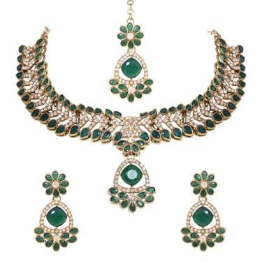 Imagem de I Jewels Colar de gargantilha floral e pedra de casamento indiano de Bollywood banhado a ouro com brincos e conjunto Maang Tikka para mulheres (J408G)