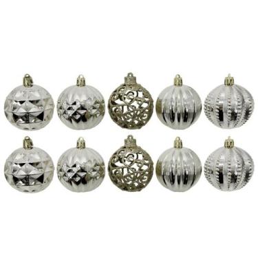 Imagem de Kit 10 Bolas Natal Luxo Champanhe Textura Metalizada e Arabesco Glitte