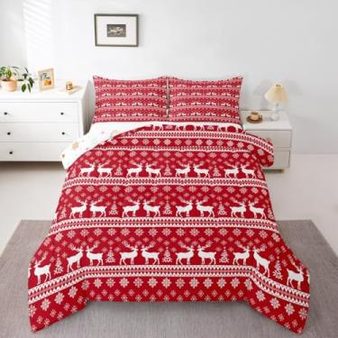 Imagem de Feelyou Conjunto de cama para decoração de alce de veado de Natal macio para meninos e meninas, conjunto de edredom casal de floco de neve, edredom de microfibra, 3 peças com 2 fronhas