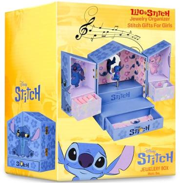 Imagem de Get Trend Disney Stitch Caixa de joias musical para meninas, ideias de presente, decoração de quarto, caixa de música com espelho e gavetas de armazenamento, presentes para ela (ponto azul)