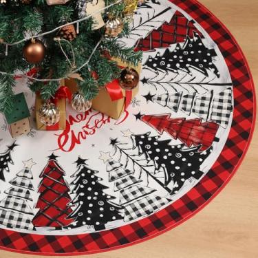 Imagem de Multiwins Saia para árvore de Natal 121 cm, xadrez de búfalo vermelho e preto com design de floco de neve, tecido de flanela espessa, saia rústica de árvore de Natal para decoração de férias, festa de