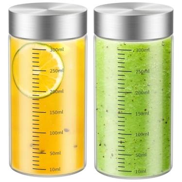Imagem de CWHHRN Garrafas de suco de vidro de 325 ml, pacote com 2 garrafas de vidro com tampas, sem BPA, vidro borossilicato, tampas à prova de vazamento para sucos, vitaminas, garrafas de água, armazenamento