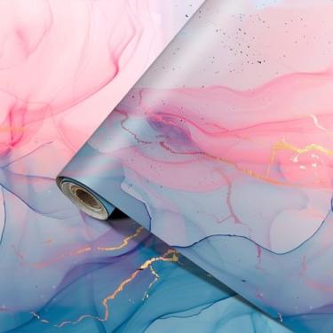 Imagem de HOMETITUTE Papel de parede de mármore azul rosa descasque e cole 39,9 cm x 100,1 cm Papel de contato de vinil removível autoadesivo com veia dourada para parede, bancada, armários, móveis, decoração