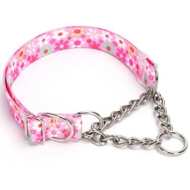 Imagem de Coleira Martingale para cães com design de nylon e corrente de aço, coleira de cachorro sem estrangulamento com design de flor rosa, coleira ajustável sem puxar, ótima para whippets, galgos e mais (G)