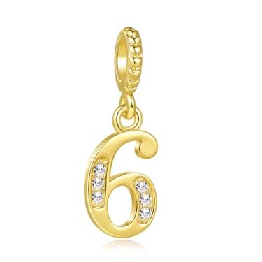 Imagem de MiiFort Lucky Number 6 Six 6th Charm serve para pulseiras Pandora berloques de aniversário, presentes para mulheres, tom dourado, zircônia cúbica cristalina