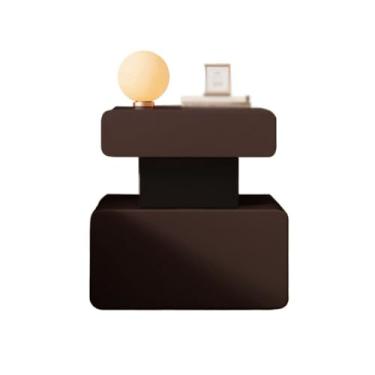 Imagem de Mesa de cabeceira de madeira pequena para quarto de armazenamento, cor de café, gaveta dupla, couro, armazenamento irregular, mesa de cabeceira (grande)
