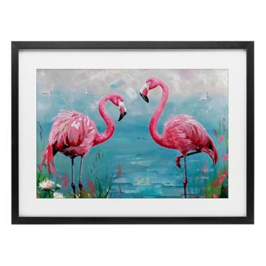 Imagem de Stupell Industries Flamingo Lagoon Duo Impressão emoldurada preta sob vidro, design por LSR Design Studio, 17 x 23