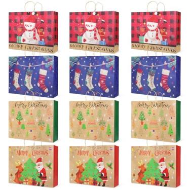 Imagem de 12 peças de sacos grandes de presente de Natal Kraft de estilos variados, sacos de papel gigantes de Natal com alças, sacos jumbo de brindes com estampas de Natal para embrulho de presente de Natal