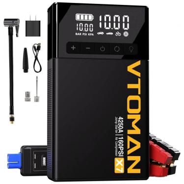 Imagem de Compressor de Ar Portátil 160 PSI Recarregável com Display Inteligente e Acionador de Partida, 12V, VTOMAN X7, Preto