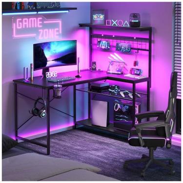 Imagem de Mesa Gamer de Fibra de Carbono, 42&quot; 106 cm com Gancho para Fone de Ouvido, Luz LED, Porta-Copos, Tomadas, Mesa de Canto Reversível