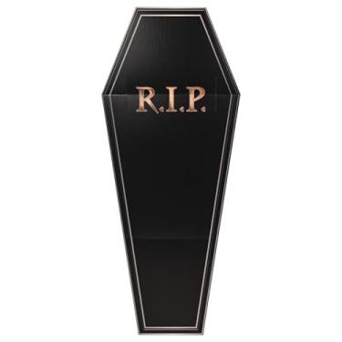 Imagem de Beistle Adereço de caixão 3D com ornamento de morcego – decoração de caixão de papelão preto com "R.I.P.", exibição de festa de Halloween de casa assombrada, cenário de cemitério assustador e