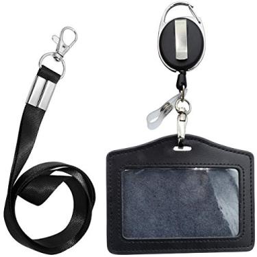 Imagem de Estojo para cartão de identificação + cordão + suporte de crachá mosquetão retrátil e clipe de plástico (couro genuíno horizontal preto)