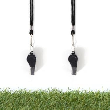 Imagem de Pacote com 2 cordões de apito de plástico para treinadores, apitos altos e nítidos ótimos para árbitros de futebol, oficiais e emergências, preto