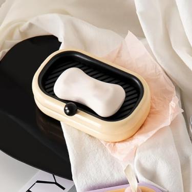 Imagem de Saboneteira fofa, sem perfuração, suporte de sabão montado na parede com ralo Mantenha o lugar seco Sabonetes domésticos Saver Suporte de esponja para cozinha, banheiro, chuveiro (bege)