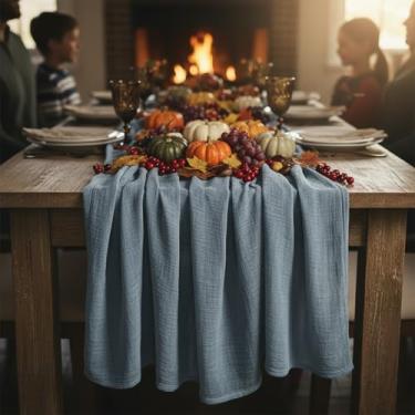 Imagem de Caminho de mesa de gaze azul empoeirado 3 m, decoração de mesa de tecido de gaze para casamento, outono de 300 cm, ação de graças, festa de fazenda rústica boho, chá de bebê, aniversário e decoração