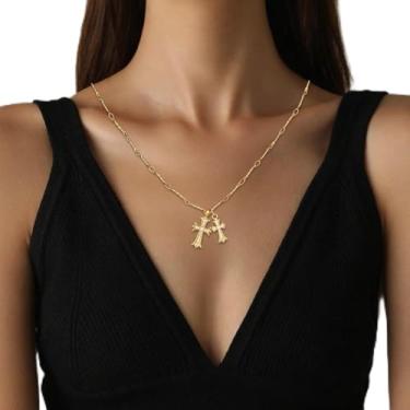 Imagem de Colar de cruz banhado a ouro 14K para mulheres, colar com pingente de cruz dupla, colar de corrente de elos de diamante CZ, One Size, Latão, Sem Pedra Preciosa