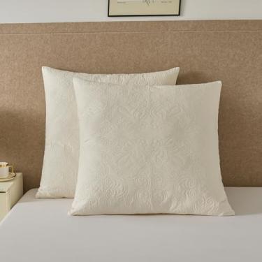 Imagem de YINFUNG Conjunto de 2 fronhas europeias acolchoadas Euro Shams 26 × 26 algodão medalhão damasco marfim creme bordado floral quadrado fronhas em relevo Matelasse vintage texturizado fronha decorativa