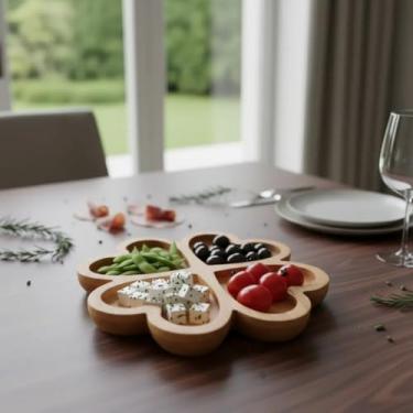 Imagem de Bandeja Petisqueira Coração 4 Divisórias Em Bambu Natural – Elegância e Praticidade para Servir Petiscos e Aperitivos com Charme