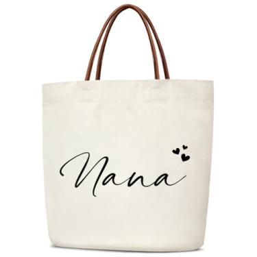 Imagem de mermermu Bolsa de lona Nana para mulheres, presente de aniversário de Natal para vovós, sacolas de compras de supermercado reutilizáveis estéticas com alças de couro, bolsa de ombro dobrável, bolsa de