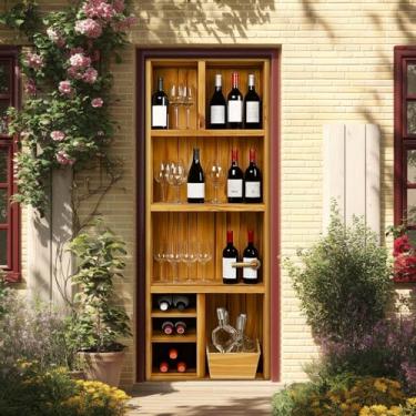 Imagem de HOMETITUTE Adesivos de porta decalques murais de porta descascar e colar papel de parede de vinil decorativo removível à prova d'água capas de parede autoadesivas pôster rack de vinho de madeira