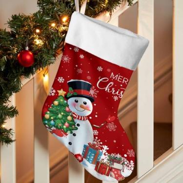 Imagem de Meia de Natal, árvore de Natal, boneco de neve feliz, meias de Natal, 45,7 cm, flocos de neve, bolas, sino, decorações de Natal, meia pendurada para festa de férias em família, lareira