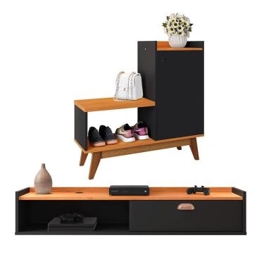 Imagem de Kit Quarto Sapateira Shoes Banquinho Pés Madeira Rack Suspenso Home Decor Sala Decoração Casa Preto/Cinamomo - RPM Móveis
