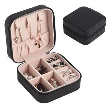 Imagem de Necessaire Mini Porta Joias Portátil Estojo Com Zíper, Organizador com 6 Compartimentos, 10x10x5cm, Interior Rosa, Exterior Verde Água ou Preto, Fecho com Zíper (Preto)