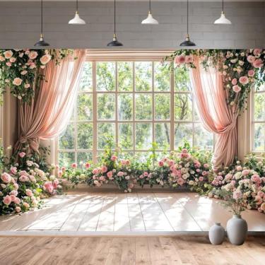 Imagem de Grtuspr Elegante pano de fundo floral de casamento com folhas rosa e verde, cortina de janela, cenário fotográfico para chá de panela, noivado, festa de aniversário, estúdio fotográfico, decoração de
